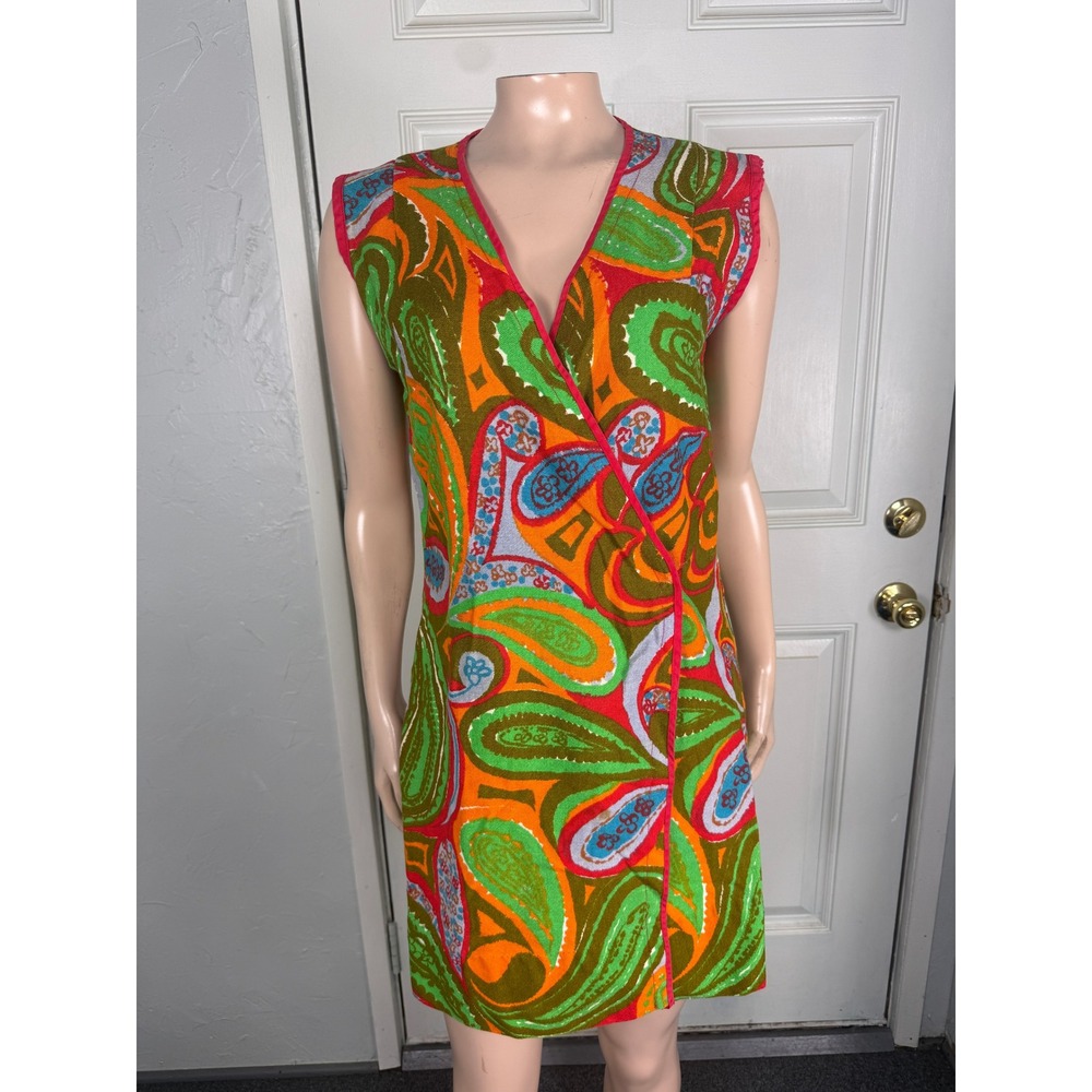 Vintage 60s 70s Handmade Dress Wrap Mod Party Retro Floral Cotton Paisley P3-24